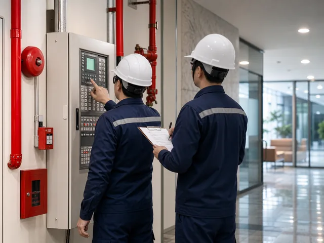 采瑩消防技術人員檢查大樓消防控制盤與消防管線